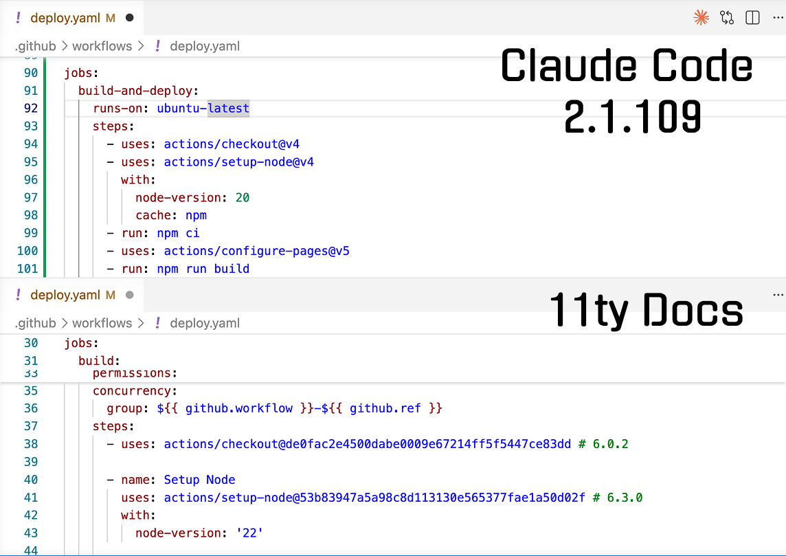 Visual Studio Code GUI showing a section of 2 YAML files stacked for comparison