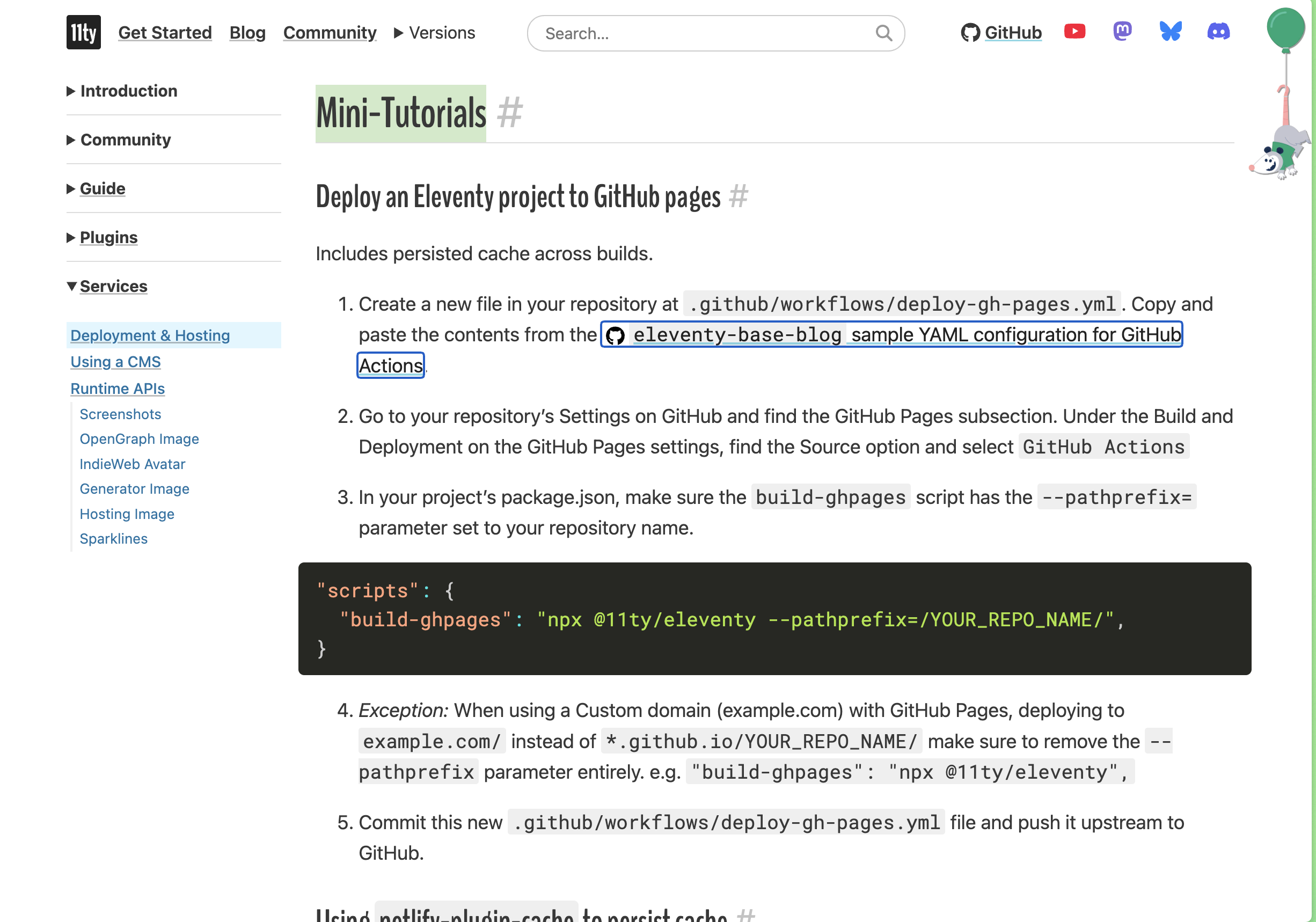 11ty documentation page for Community Services